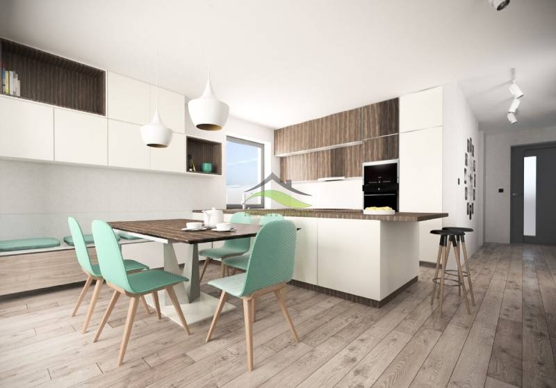 Murovaná Novostavba - Rodinný dom s pekný pozemkom 800 m2 - Kuchyňa v rodinnom dome so svetlými skrinkami, drevenou podlahou a zelenými stoličkami.