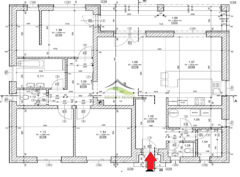 Murovaná Novostavba - Rodinný dom s pekný pozemkom 800 m2 - Plán rodinného domu s rozložením izieb, nábytku a zariadení.