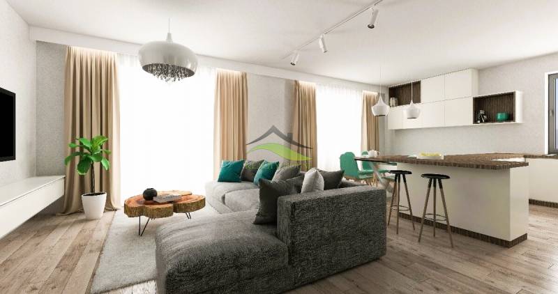 Murovaná Novostavba - Rodinný dom s pekný pozemkom 800 m2 - Obývačka rodinného domu s pohodlnou sedačkou, kuchynským ostrovom a drevenými doplnkami.