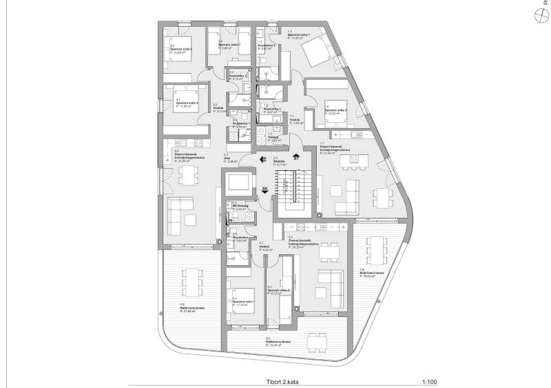 CHORVÁTSKO - Apartmány 140 m od pláže (3i) - VODICE - Návrh 3-izbového bytu ukazuje usporiadanie miestností a priestranné terasy.