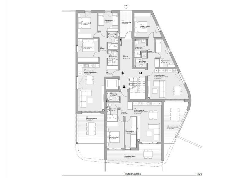 CHORVÁTSKO - Apartmány 140 m od pláže (3i) - VODICE - Pôdorys 3-izbového bytu s označením izieb a terás.
