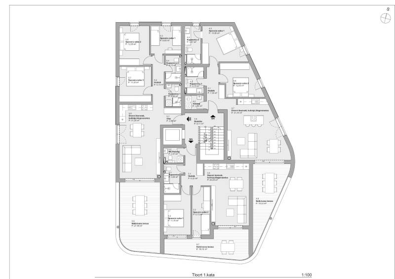 CHORVÁTSKO - Apartmány 140 m od pláže (3i) - VODICE - Pôdorys 3-izbových bytov s terasami a miestnosťami v modernom apartmánovom komplexe.