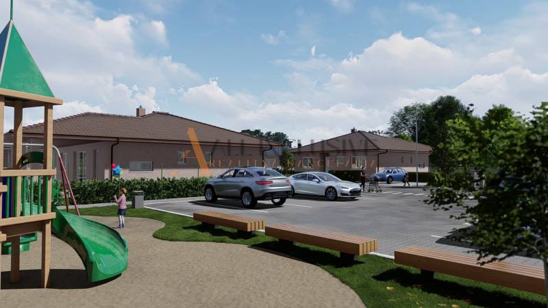POSLEDNÉ 2 NOVOSTAVBY | PRÁZNOVCE - Detské ihrisko pri rodinnom dome, v Práznovciach, v Topoľčanoch, s parkoviskom a autami.