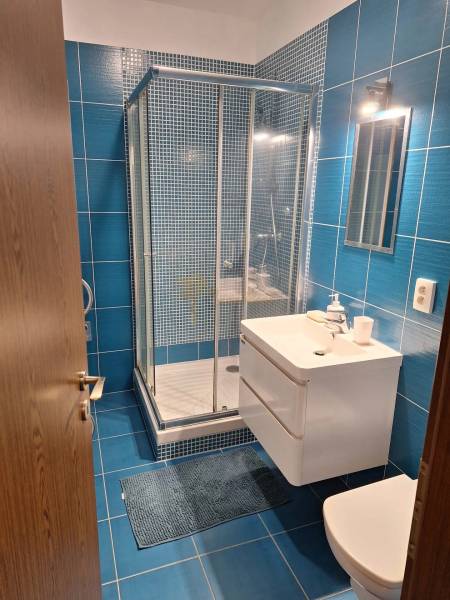 2-izb. byt, Pezinok, sídlisko Muškát - Kúpeľňa s modrými obkladmi a sprchovacím kútom v 2-izbovom byte.