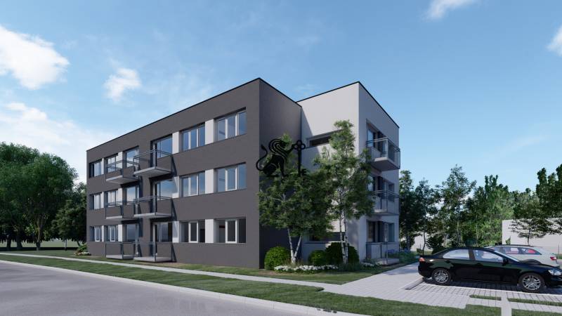 Pozemok s rozostavanou stavbou pre 12 bytov pri Senici - Trojposchodová budova s balkónmi, parkoviskom a zeleňou v mestskej časti.
