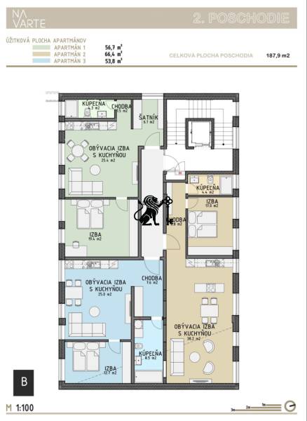 Budova s 8 apartmánmi alebo medicínske centrum, 9 park. miest- Kolibe - Pôdorys poschodia na ulici Na varte, budova zahŕňa tri apartmány rôznych veľkostí.