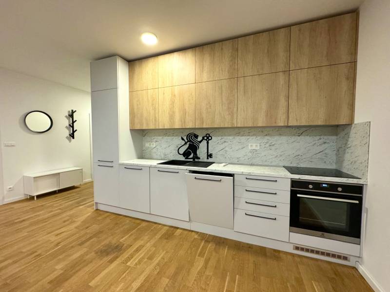 Budova s 8 apartmánmi alebo medicínske centrum, 9 park. miest- Kolibe - Kuchyňa s drevenými skrinkami, bielymi spotrebičmi a vzorovanou stenou, na ulici Na varte.