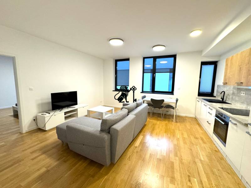 Budova s 8 apartmánmi alebo medicínske centrum, 9 park. miest- Kolibe - Obývačka s kuchyňou, sivá sedačka, TV, jedálenský kút a kuchynská linka.