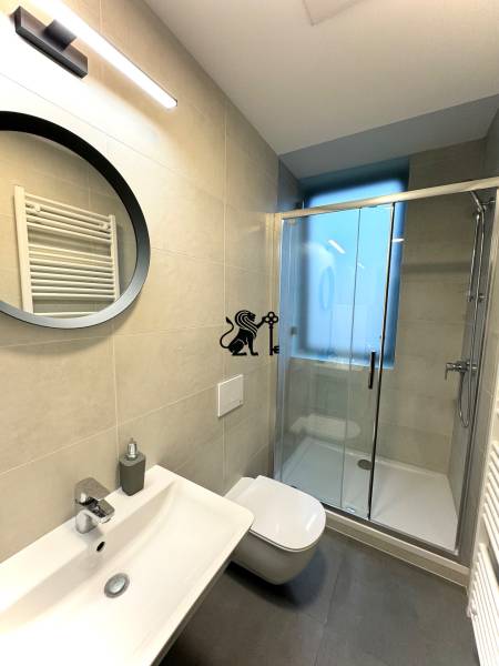 Budova s 8 apartmánmi alebo medicínske centrum, 9 park. miest- Kolibe - Kúpeľňa s umývadlom, sprchovacím kútom a zrkadlom v budove na ulici Na varte.
