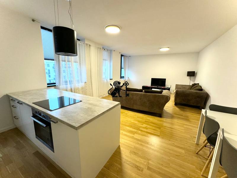 Budova s 8 apartmánmi alebo medicínske centrum, 9 park. miest- Kolibe - Svetlá obývačka a kuchyňa, drevená podlaha, pohovky; ulica Na varte, Budova.