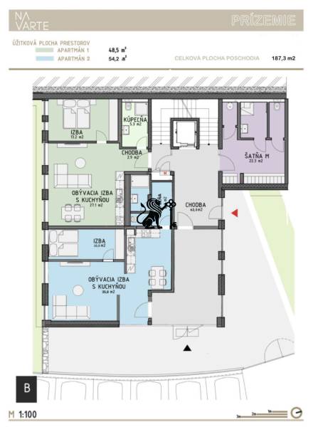 Budova s 8 apartmánmi alebo medicínske centrum, 9 park. miest- Kolibe - Pôdorys prízemia budovy na ulici Na varte ukazuje apartmány s chodbou a izbou.