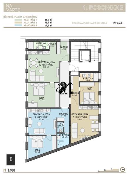 Budova s 8 apartmánmi alebo medicínske centrum, 9 park. miest- Kolibe - Pôdorys prvého poschodia na ulici Na varte, obsahuje tri apartmány. Budova.