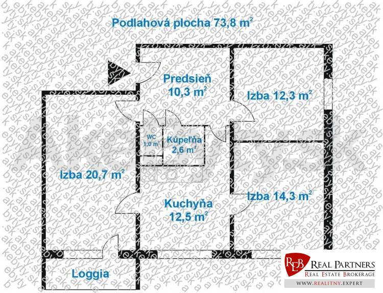 Predaj 3-izbového bytu Bratislava Petržalka  - Pôdorys 3-izbového bytu s loggiou, predsieňou, kuchyňou, kúpeľňou a WC.