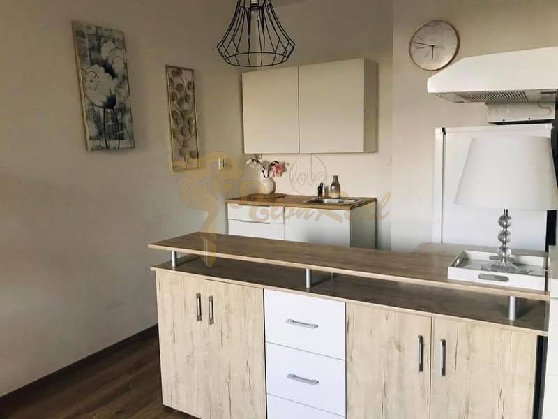 1-izb. apartmán, Antolska ul., Petržalka, rezidencia Draždiak - Kuchyňa v 1-izbovom byte so skriňami, lampou a obrazmi na stene.