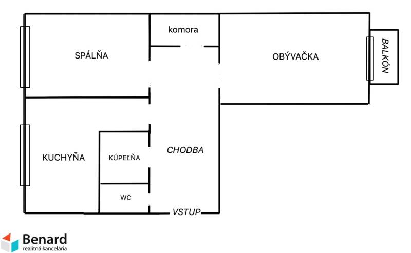 REZERVOVANÝ 2 IZBOVÝ TEHLOVÝ BYT, BALKÓN, ŠIRŠIE CENTRUM, PREŠOV - Pôdorys 2-izbového bytu zahŕňa kuchyňu, obývačku, spálňu a balkón.