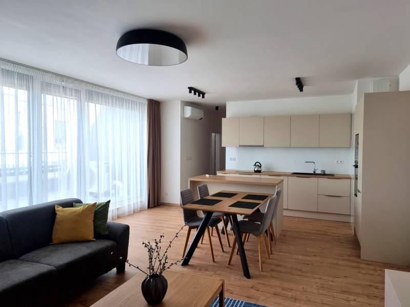 PRENÁJOM - 3 izbový byt Nitra – Piesková ulica, RIVIERA NITRA - Obývacia izba s kuchyňou v 3-izbovom byte, zariadená dreveným nábytkom a sivou pohovkou.