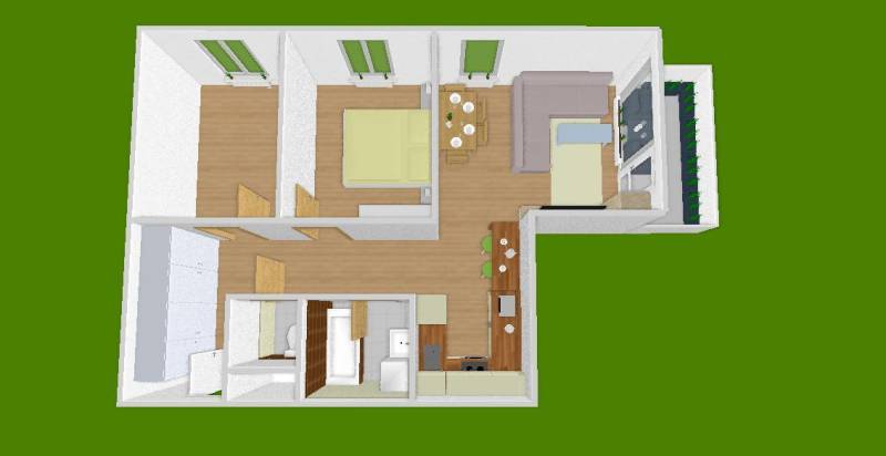 Jedinečný 3-izbový apartmán s balkónom, 71 m², Nový Ružinov - Pôdorys 3-izbového bytu s kuchyňou, obývačkou, kúpeľňou a dvoma spálňami.