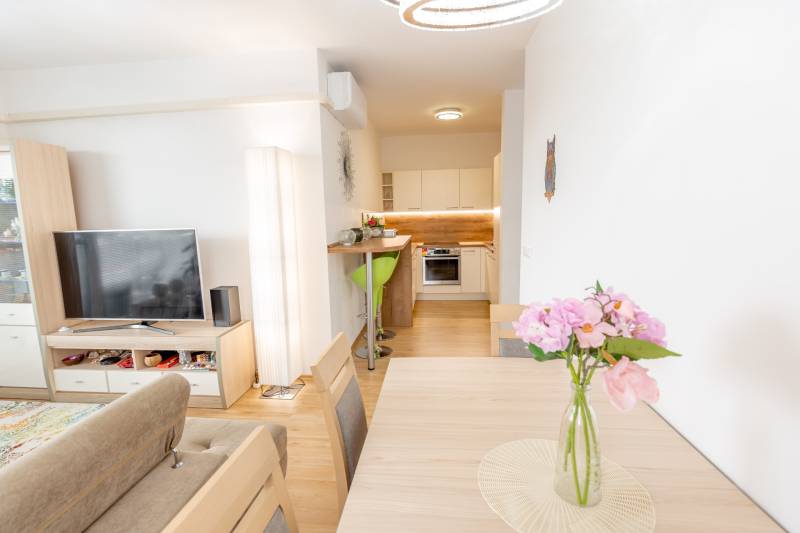 Jedinečný 3-izbový apartmán s balkónom, 71 m², Nový Ružinov - Obývačka a kuchyňa v 3-izbovom byte, s dreveným nábytkom a dekoratívnymi kvetmi.