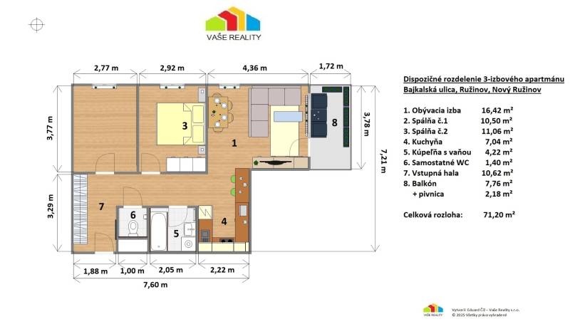 Jedinečný 3-izbový apartmán s balkónom, 71 m², Nový Ružinov - Pôdorys 3-izbového bytu ukazuje rozloženie izieb, balkónu a pivnice.