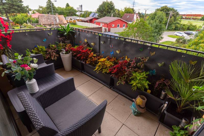 Jedinečný 3-izbový apartmán s balkónom, 71 m², Nový Ružinov - Balkón s kvetmi, ratanovým nábytkom a výhľadom na zeleň v 3-izbovom byte.