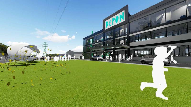 Stavebný pozemok 5.510 m2 so stavebným povolením pri Panónskej ceste  - Vizualizácia budovy s nápisom Bepon na Panónskej ceste v Bratislave - Petržalke.