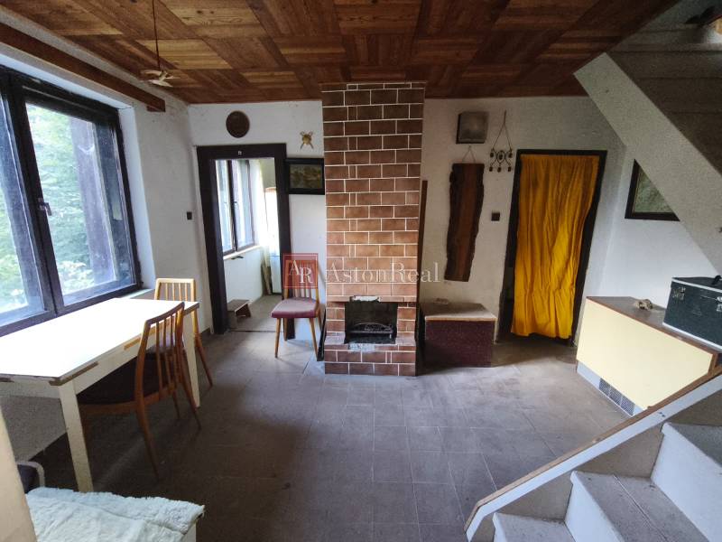 CHATA KORDÍKY - 2 poschodia, 3 izby+kuchynka, kúpelňa - 420 m2 pozemok - Obývací priestor v Chate s krbom, jednoduchým nábytkom a podlahou s dreveným dekorom.