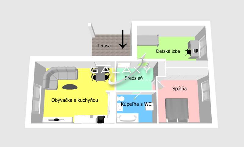 Moderný 3-izbový dom so súkromím – Košúty, okres Galanta - Pôdorys rodinného domu s obývačkou, kuchyňou, spálňou, detskou izbou a kúpeľňou.