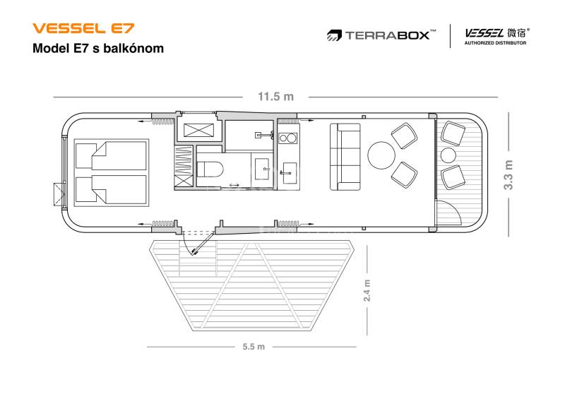 Mobilný dom VESSEL E7 s balkónom, 38 m2 - Podorys plavidla Vessel E7 s balkónom, dĺžka 11,5 m, šírka 3,3 m.