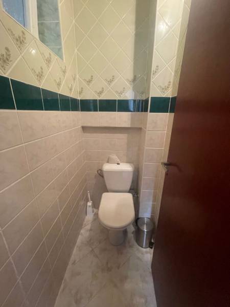 VÝNIMOČNÁ INVESTIČNÁ PRÍLEŽITOSŤ V CENTRE PIEŠŤAN - Toaleta v rodinnom dome, s keramickými obkladmi a zelenými akcentmi na stenách.