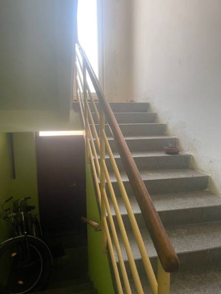 VÝNIMOČNÁ INVESTIČNÁ PRÍLEŽITOSŤ V CENTRE PIEŠŤAN - Schodisko v rodinnom dome s bicyklami a rastlinou na parapete.