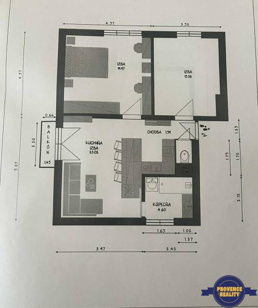 PREDAJ: 3 izbový luxusný byt s balkónom - Komárno - Pôdorys 3-izbového bytu s kuchyňou, kúpeľňou, WC a balkónom.