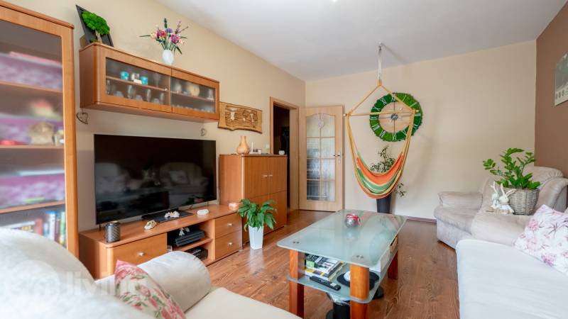 SVETLÝ – 3i s balkónom 69 m² – TOP lokalita Nová Dubnica - Obývacia izba v 3-izbovom byte s pohodlnou sedačkou, TV a závesným kreslom.