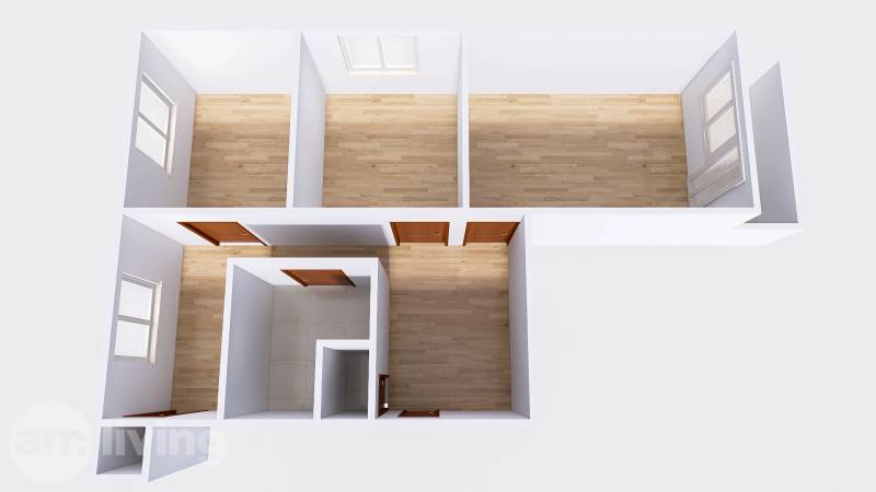 SVETLÝ – 3i s balkónom 69 m² – TOP lokalita Nová Dubnica - Pôdorys 3-izbového bytu s oknami a dverami na drevenej podlahe.