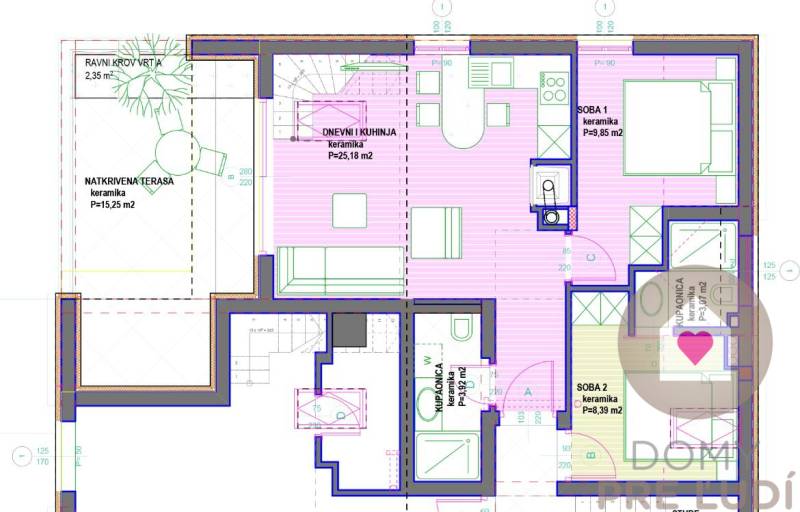 PAG/MANDRE - 2 apartmány za cenu jedného - 190m od mora - Pôdorys 4-izbového bytu zahŕňa obývaciu izbu, kuchyňu, kúpeľne a terasu.