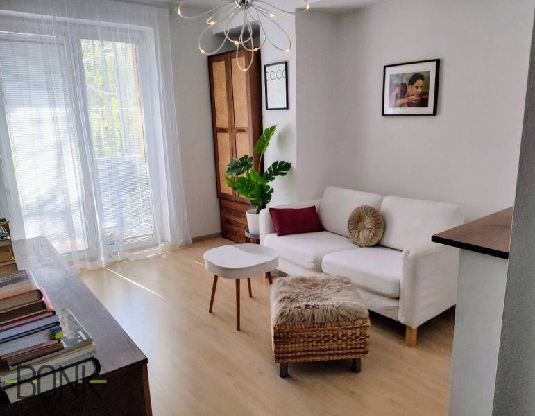 Predaj 2 izbový byt, vedený ako apartmán, možnosť hypo, Hviezdna ulica - Obývacia izba v 2-izbovom byte s bielou sedačkou a rastlinou.