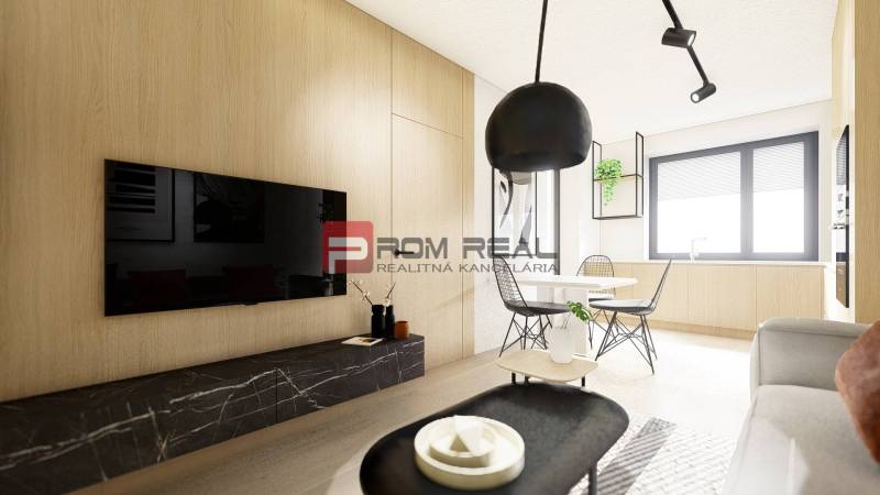 Predaj 2-izbový byt od 140 999 € v projekte Rezidencia Potôčik - Obývacia izba 2-izbového bytu s televízorom, jedálenským stolom a drevenými detailmi.