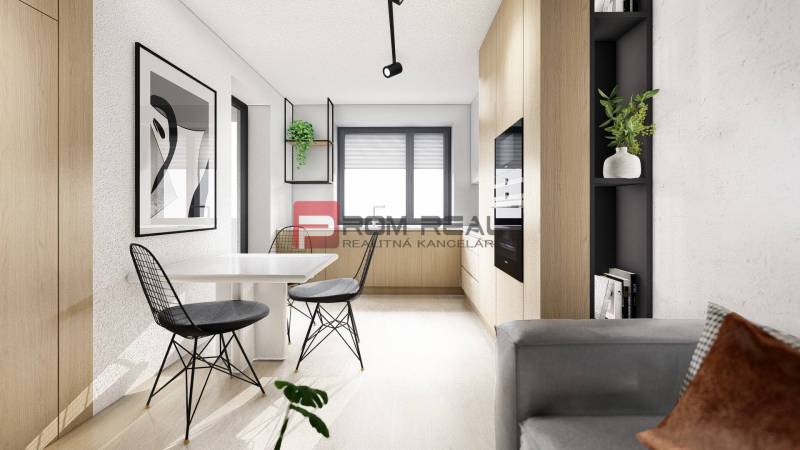Predaj 2-izbový byt od 140 999 € v projekte Rezidencia Potôčik - Jedálenský kút, 2-izbový byt; čiernobiela dekorácia, rastlina, moderný nábytok, svetlé drevo.