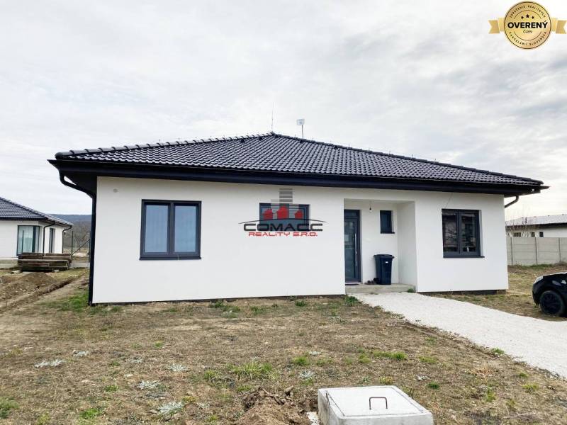 Výstavba inteligentného 4 izbového bungalovu v NM a okolí - Rodinný dom na ulici Nové Mesto nad Váhom s modernou strechou a veľkými oknami.