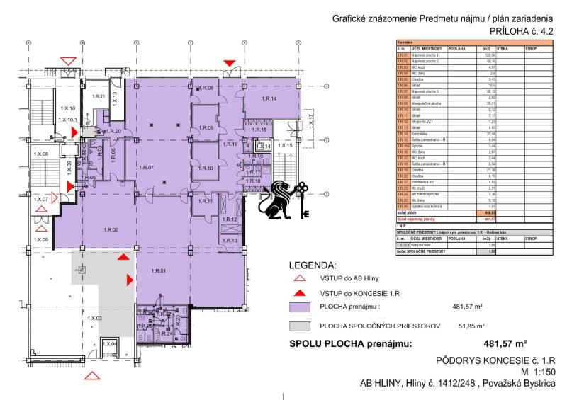 Prenájom obchodného priestoru v administratívnom komplexe AB Hliny - Pôdorys obchodného priestoru s rozlohou 481,57 m² na ulici Hliny.