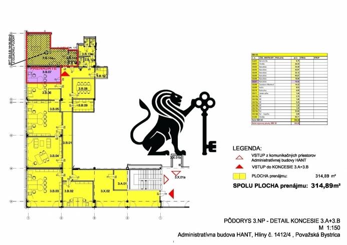 Prenájom kancelárskych priestorov v administratívnom komplexe AB Hliny - Pôdorys administratívnej budovy, ulica Hliny Považská Bystrica. Prenájom kancelárie, plocha 314,89 m².