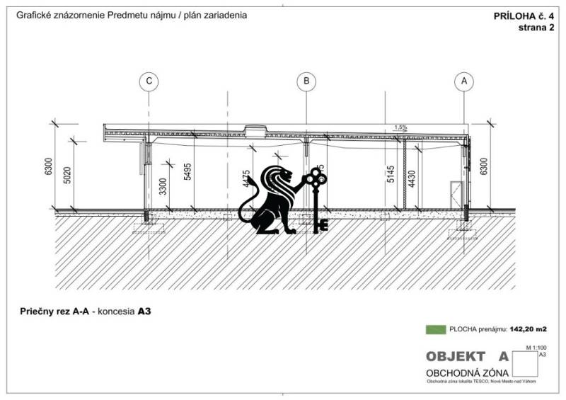 Obchodné priestory na prenájom v nákupnom centre RGB Javorina - Stavebný plán obchodných priestorov na ulici Trenčianska, výkres priečneho rezu.