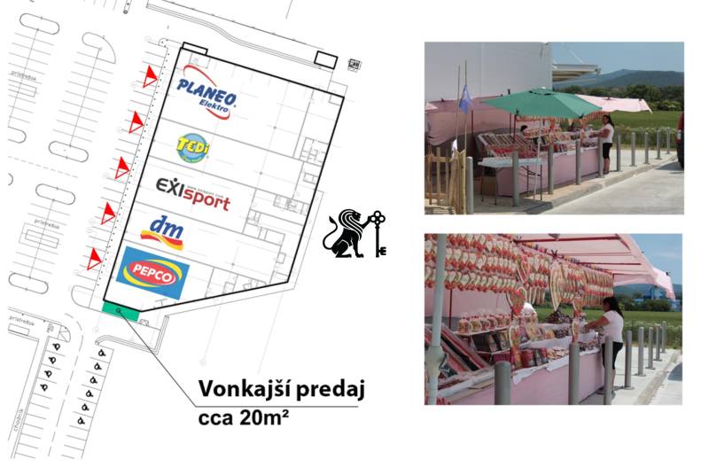 Obchodné priestory na prenájom v nákupnom centre RGB Javorina - Plán obchodných priestorov na ulici Trenčianska, vrátane exteriérového predaja cukroviniek.