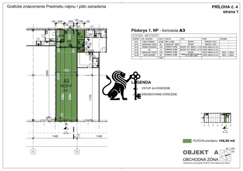 Obchodné priestory na prenájom v nákupnom centre RGB Javorina - Pôdorys ukazuje priestor s rozlohou 142,20 m², na ulici Trenčianska, obchodné priestory.