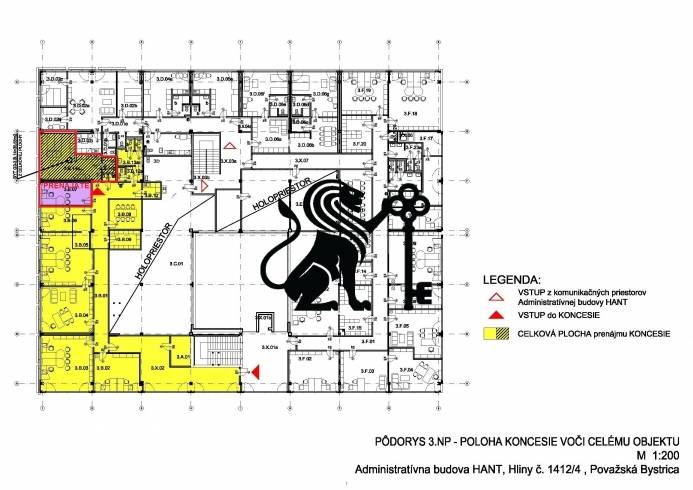 Prenájom kancelárskeho priestoru v komplexe AB Hliny - Pôdorys administratívnej budovy na ulici Hliny, zvýraznený priestor kancelárií na prenájom.
