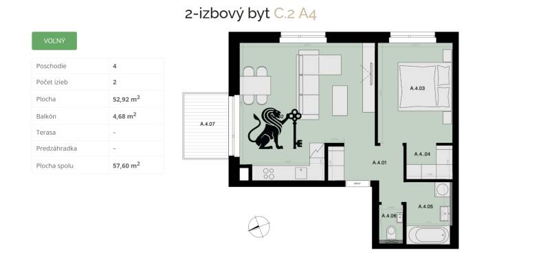 Na predaj 2-izbový byt s balkónom - A4 - Pôdorys zobrazuje 2-izbový byt so spojenou kuchyňou a obývačkou, a balkónom.