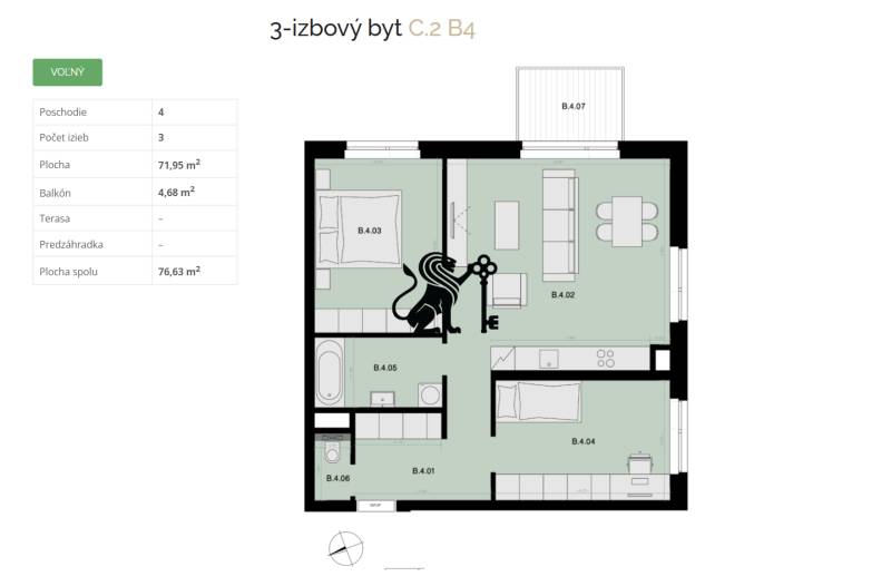 Na predaj 3-izbový byt s balkónom - B4 - Pôdorys 3-izbového bytu s plochou 71,95 m² a balkónom.
