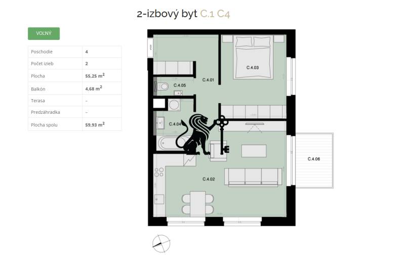 Na predaj 2-izbový byt s balkónom - C4 - Návrh 2-izbového bytu zahrňujúci spálňu, obývačku, a balkón s plochou.