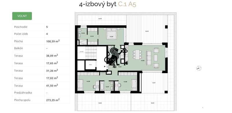  4-izbový PENTHOUSE, PEKNÁ CESTA - RAČA - A5 - Pôdorys zobrazuje 4-izbový byt s priestrannými terasami na piatom poschodí.