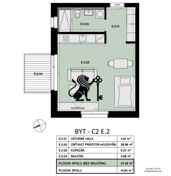 Na predaj 1-izbový byt s balkónom - E2 - Pôdorys zobrazuje 1-izbový byt s obývacím priestorom, kuchyňou, kúpeľňou a balkónom.