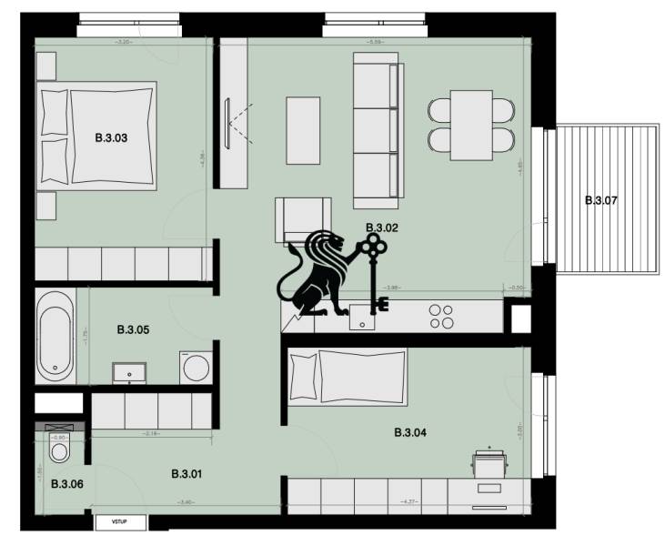 Na predaj 3-izbový byt s balkónom - B3 - Pôdorys a 3-izbový byt ukazuje rozloženie izieb, kuchyňu a terasu.